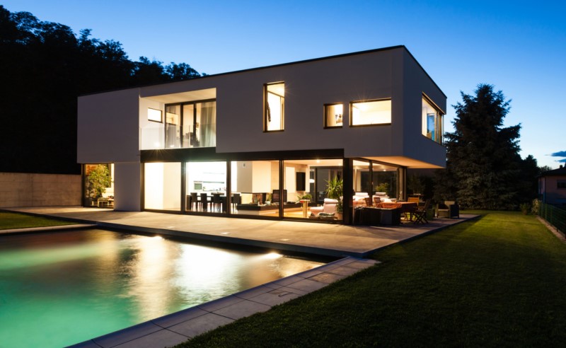 Modern villa with pool, night scene